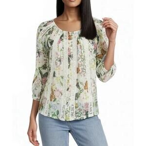 Figueroa Flower NWT Rayon Woven Floral Butterfly Lace Trim Blouse - Petite Small